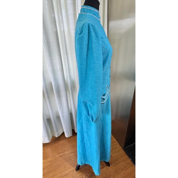 Vintage 1960s dress, turquoise blue, coat-style maxi duster, mandarin collar - Picture 7 of 10